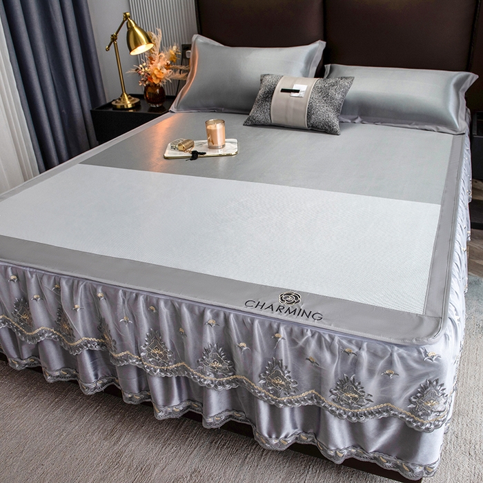 91家纺网 家纺一手货源 找家纺 印季家纺 2026新款清凉舒适拼色加密冰藤床裙款凉席 色块-浅灰