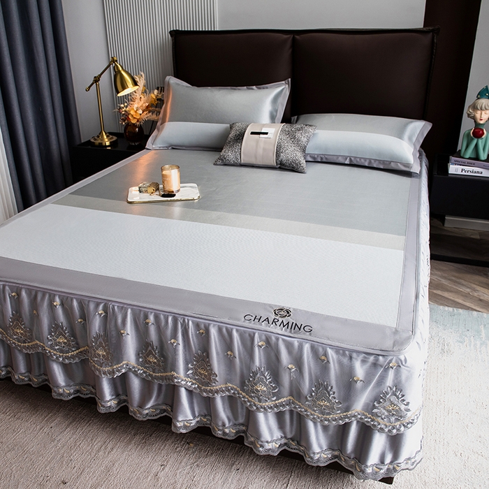 91家纺网 家纺一手货源 找家纺 印季家纺 2026新款清凉舒适拼色加密冰藤床裙款凉席 条纹-浅灰