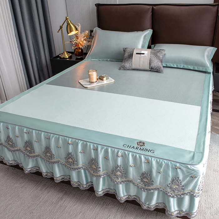 91家纺网 家纺一手货源 找家纺 印季家纺 2026新款清凉舒适拼色加密冰藤床裙款凉席 色块-浅绿