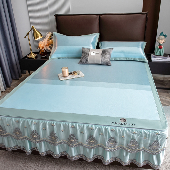 91家纺网 家纺一手货源 找家纺 印季家纺 2026新款清凉舒适拼色加密冰藤床裙款凉席 条纹-蓝绿