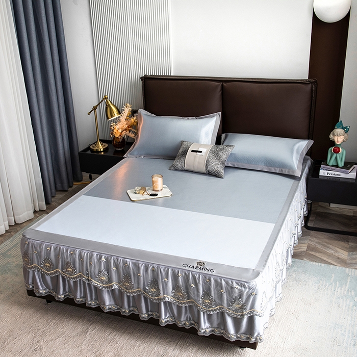 91家纺网 家纺一手货源 找家纺 印季家纺 2026新款清凉舒适拼色加密冰藤床裙款凉席 色块-浅蓝