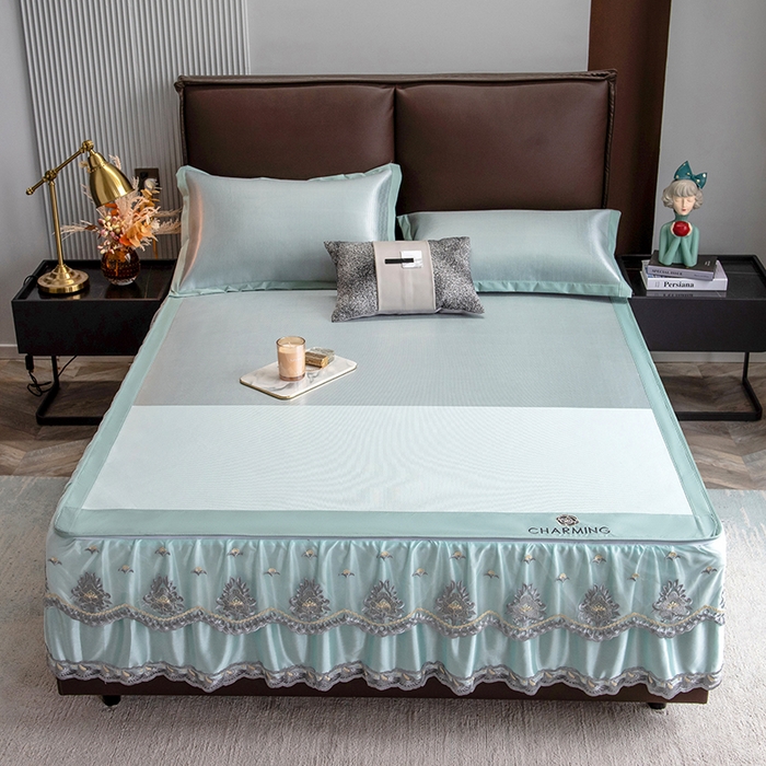 91家纺网 家纺一手货源 找家纺 印季家纺 2026新款清凉舒适拼色加密冰藤床裙款凉席 色块-浅绿