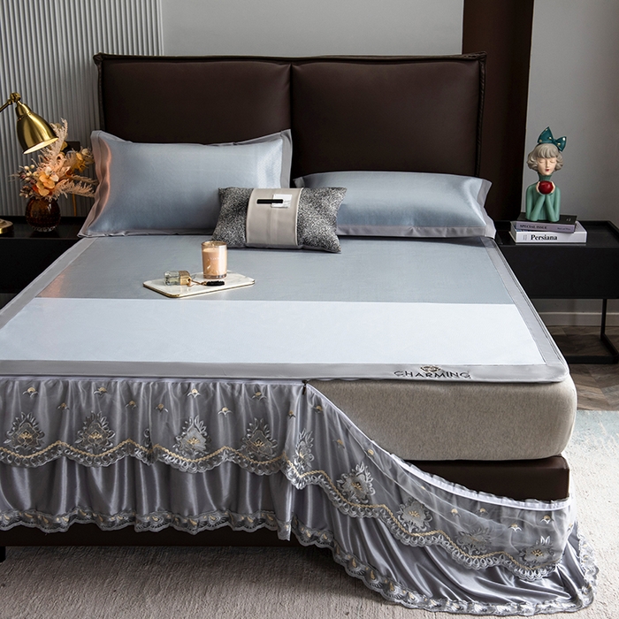 91家纺网 家纺一手货源 找家纺 印季家纺 2026新款清凉舒适拼色加密冰藤床裙款凉席 色块-浅蓝