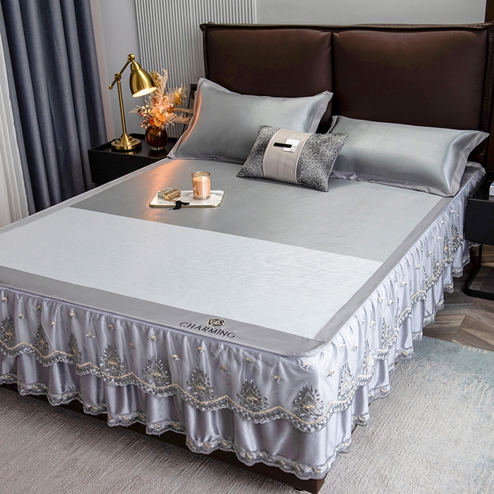 91家纺网 家纺一手货源 找家纺 印季家纺 2026新款清凉舒适拼色加密冰藤床裙款凉席 色块-浅灰