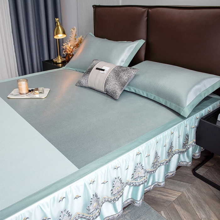 91家纺网 家纺一手货源 找家纺 印季家纺 2026新款清凉舒适拼色加密冰藤床裙款凉席 色块-浅绿