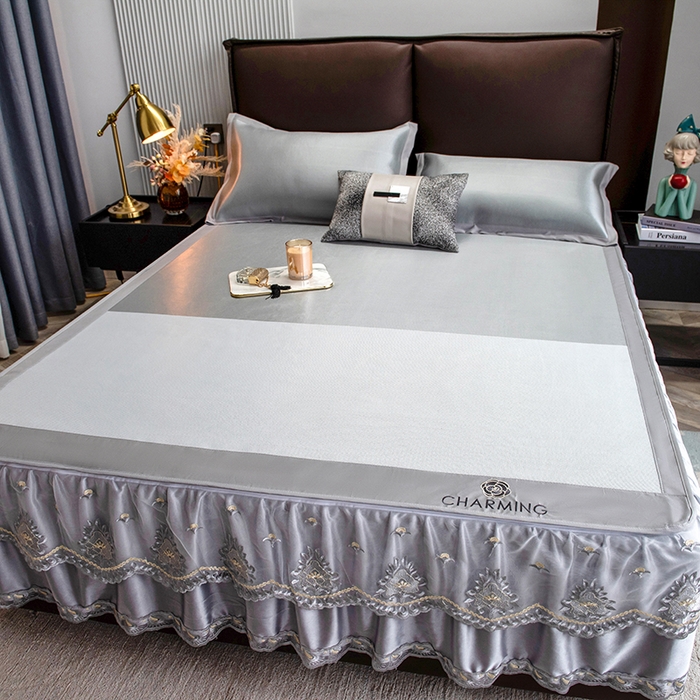 91家纺网 家纺一手货源 找家纺 印季家纺 2026新款清凉舒适拼色加密冰藤床裙款凉席 色块-浅灰