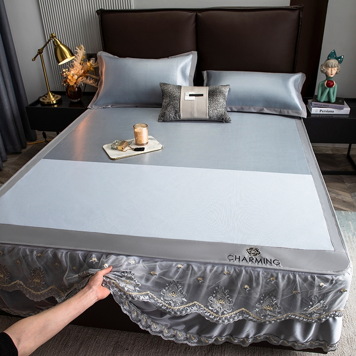 91家纺网 家纺一手货源 找家纺 印季家纺 2026新款清凉舒适拼色加密冰藤床裙款凉席 色块-浅蓝