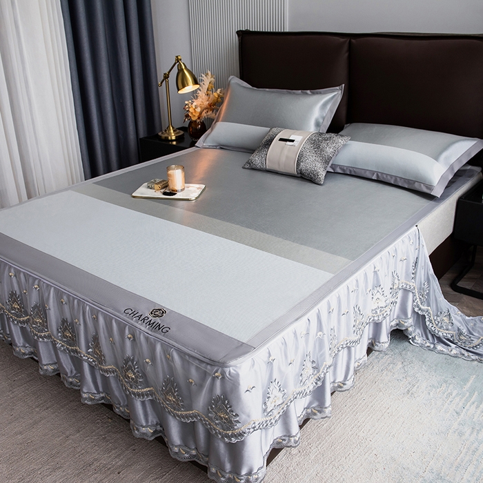 91家纺网 家纺一手货源 找家纺 印季家纺 2026新款清凉舒适拼色加密冰藤床裙款凉席 条纹-浅灰