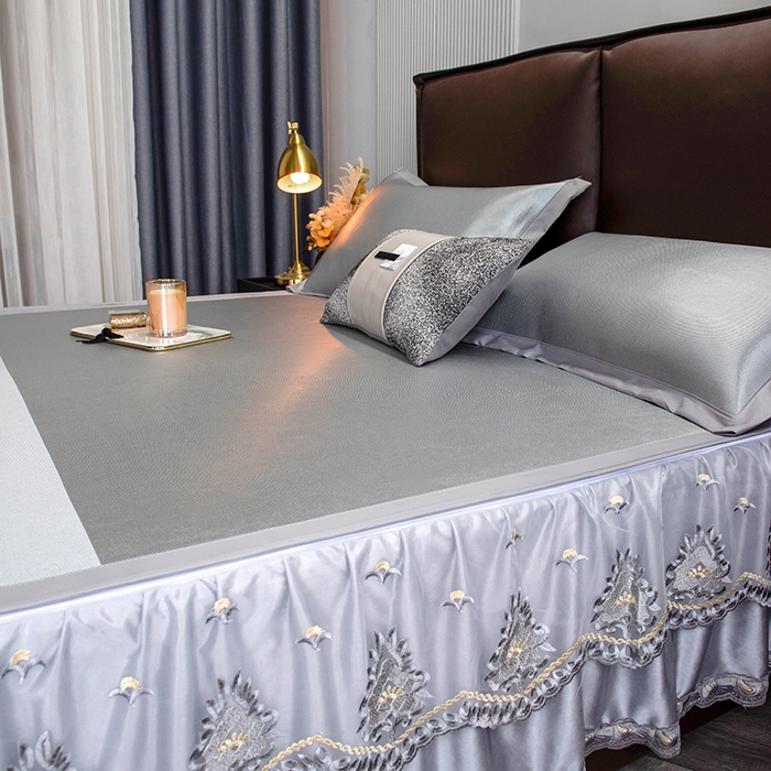 91家纺网 家纺一手货源 找家纺 印季家纺 2026新款清凉舒适拼色加密冰藤床裙款凉席 色块-浅灰