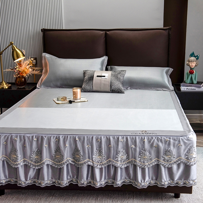 91家纺网 家纺一手货源 找家纺 印季家纺 2026新款清凉舒适拼色加密冰藤床裙款凉席 色块-浅灰