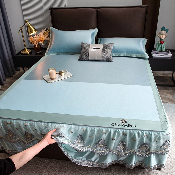 91家纺网 家纺一手货源 找家纺 印季家纺 2026新款清凉舒适拼色加密冰藤床裙款凉席 色块-蓝绿