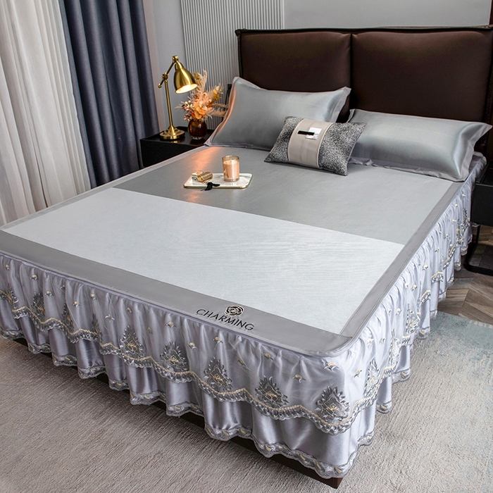 91家纺网 家纺一手货源 找家纺 印季家纺 2026新款清凉舒适拼色加密冰藤床裙款凉席 色块-浅灰