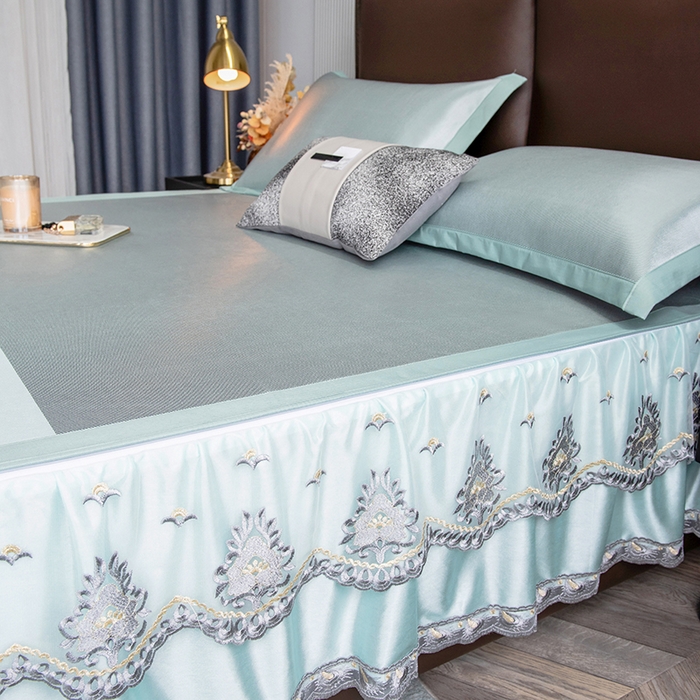 91家纺网 家纺一手货源 找家纺 印季家纺 2026新款清凉舒适拼色加密冰藤床裙款凉席 色块-浅绿