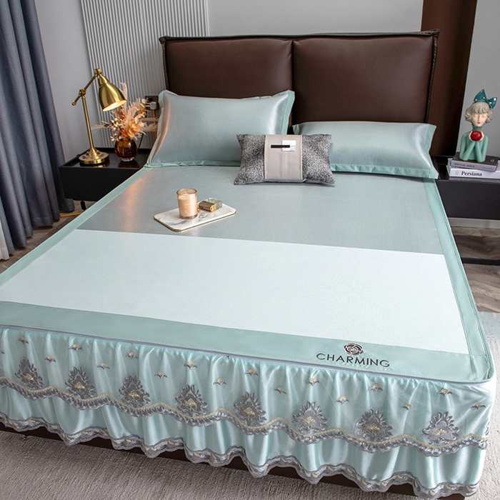 91家纺网 家纺一手货源 找家纺 印季家纺 2026新款清凉舒适拼色加密冰藤床裙款凉席 色块-浅绿