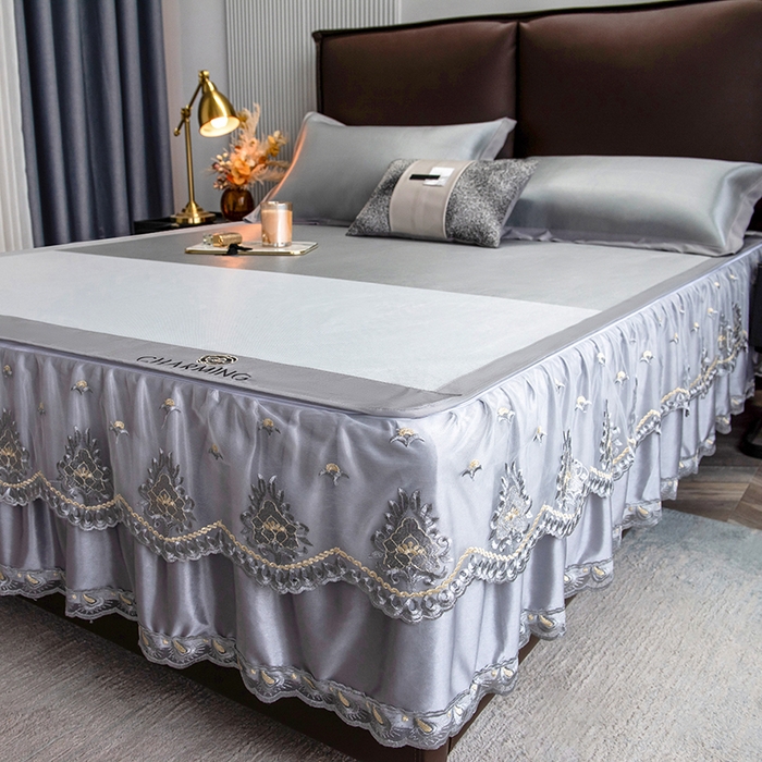 91家纺网 家纺一手货源 找家纺 印季家纺 2026新款清凉舒适拼色加密冰藤床裙款凉席 色块-浅灰