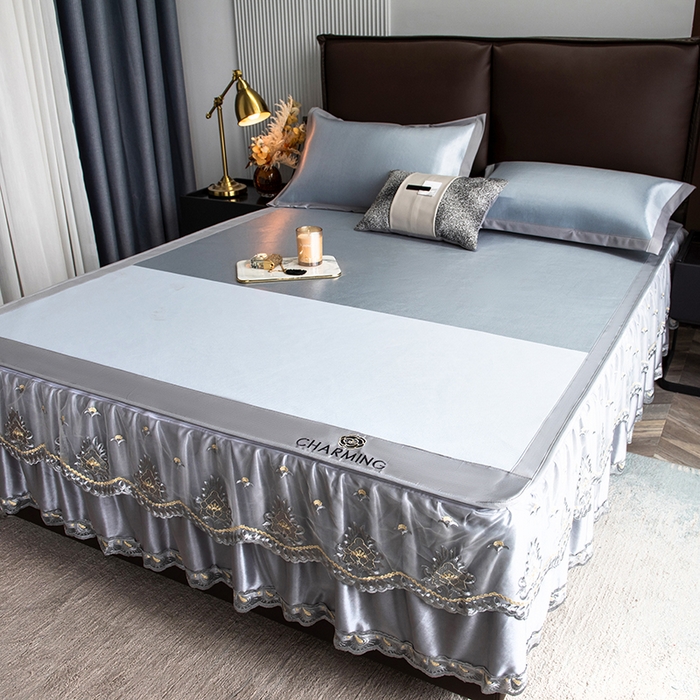 91家纺网 家纺一手货源 找家纺 印季家纺 2026新款清凉舒适拼色加密冰藤床裙款凉席 色块-浅蓝