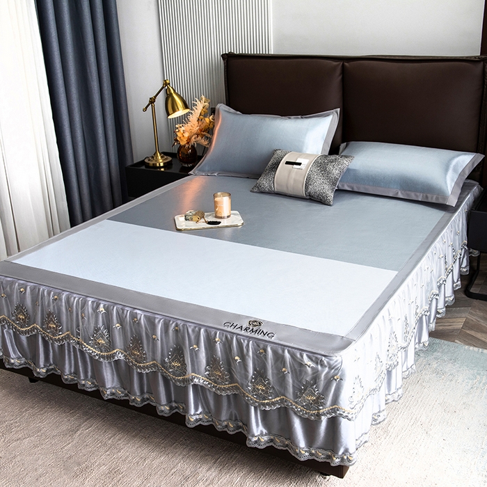 91家纺网 家纺一手货源 找家纺 印季家纺 2026新款清凉舒适拼色加密冰藤床裙款凉席 色块-浅蓝