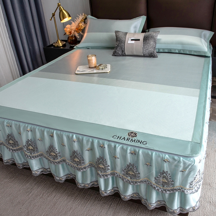 91家纺网 家纺一手货源 找家纺 印季家纺 2026新款清凉舒适拼色加密冰藤床裙款凉席 条纹-浅绿