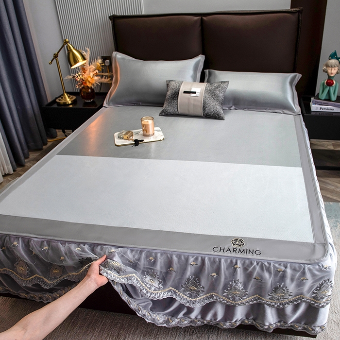 91家纺网 家纺一手货源 找家纺 印季家纺 2026新款清凉舒适拼色加密冰藤床裙款凉席 色块-浅灰