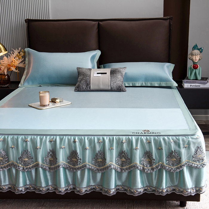 91家纺网 家纺一手货源 找家纺 印季家纺 2026新款清凉舒适拼色加密冰藤床裙款凉席 色块-蓝绿