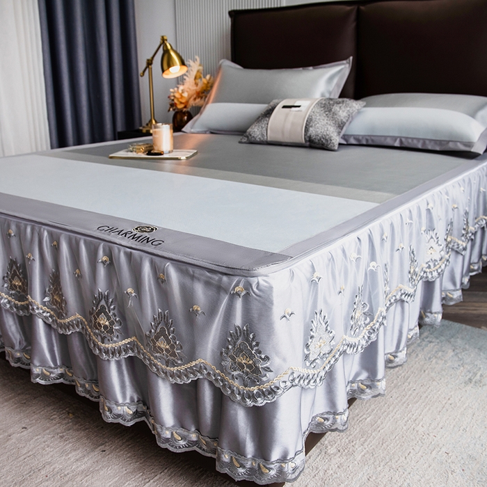 91家纺网 家纺一手货源 找家纺 印季家纺 2026新款清凉舒适拼色加密冰藤床裙款凉席 条纹-浅灰