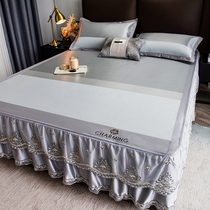 91家纺网 家纺一手货源 找家纺 印季家纺 2026新款清凉舒适拼色加密冰藤床裙款凉席 条纹-浅灰