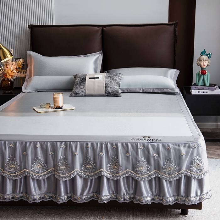 91家纺网 家纺一手货源 找家纺 印季家纺 2026新款清凉舒适拼色加密冰藤床裙款凉席 条纹-浅灰