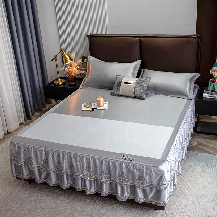 91家纺网 家纺一手货源 找家纺 印季家纺 2026新款清凉舒适拼色加密冰藤床裙款凉席 色块-浅灰