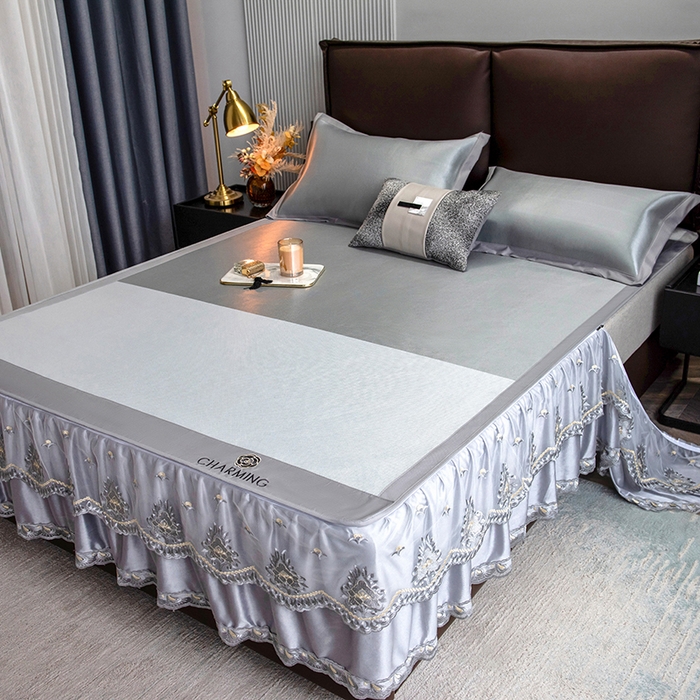 91家纺网 家纺一手货源 找家纺 印季家纺 2026新款清凉舒适拼色加密冰藤床裙款凉席 色块-浅灰