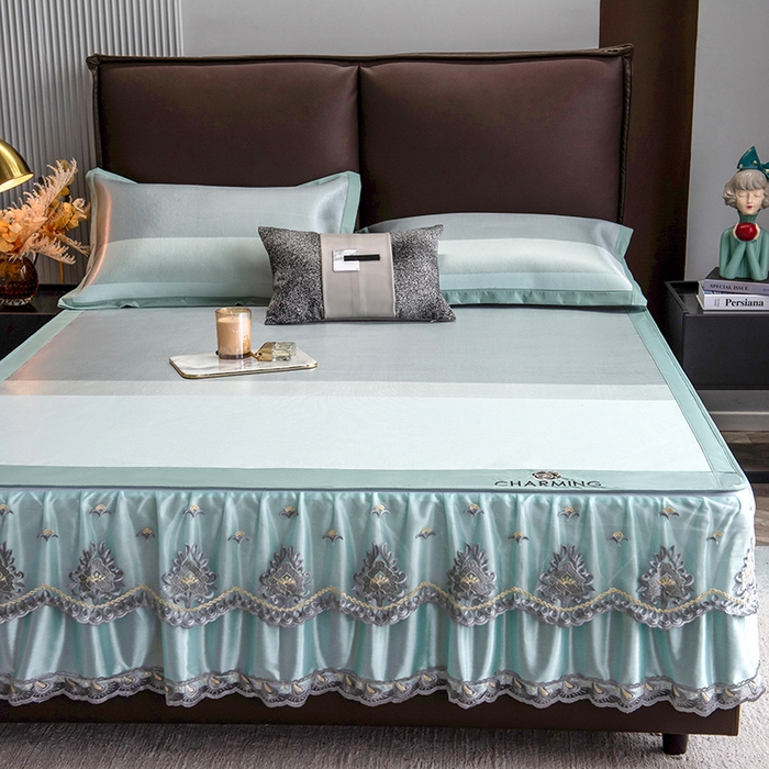 91家纺网 家纺一手货源 找家纺 印季家纺 2026新款清凉舒适拼色加密冰藤床裙款凉席 条纹-浅绿