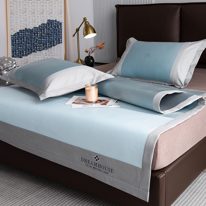 91家纺网 家纺一手货源 找家纺 印季家纺 2026新款拼色加密冰藤席子凉席 条纹-蓝灰