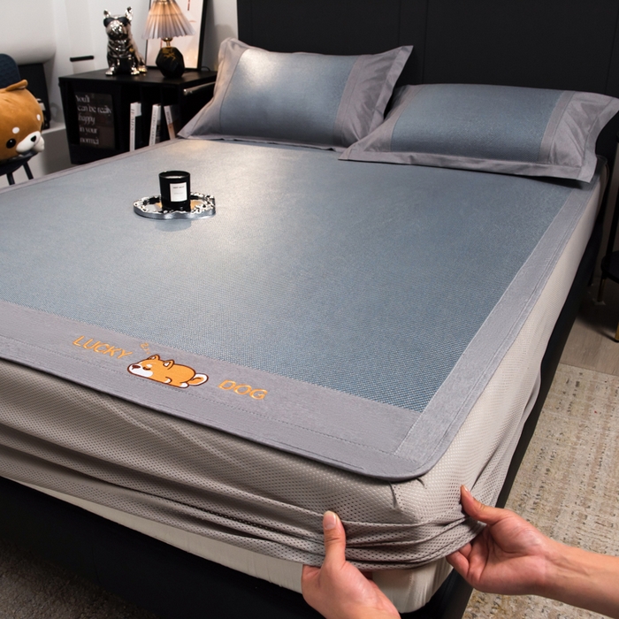 印季家纺 2026新款5A级抗菌加厚绣花冰藤席-幸运狗（床笠款） 雾霾蓝