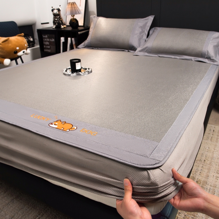 印季家纺 2026新款5A级抗菌加厚绣花冰藤席-幸运狗（床笠款） 银灰