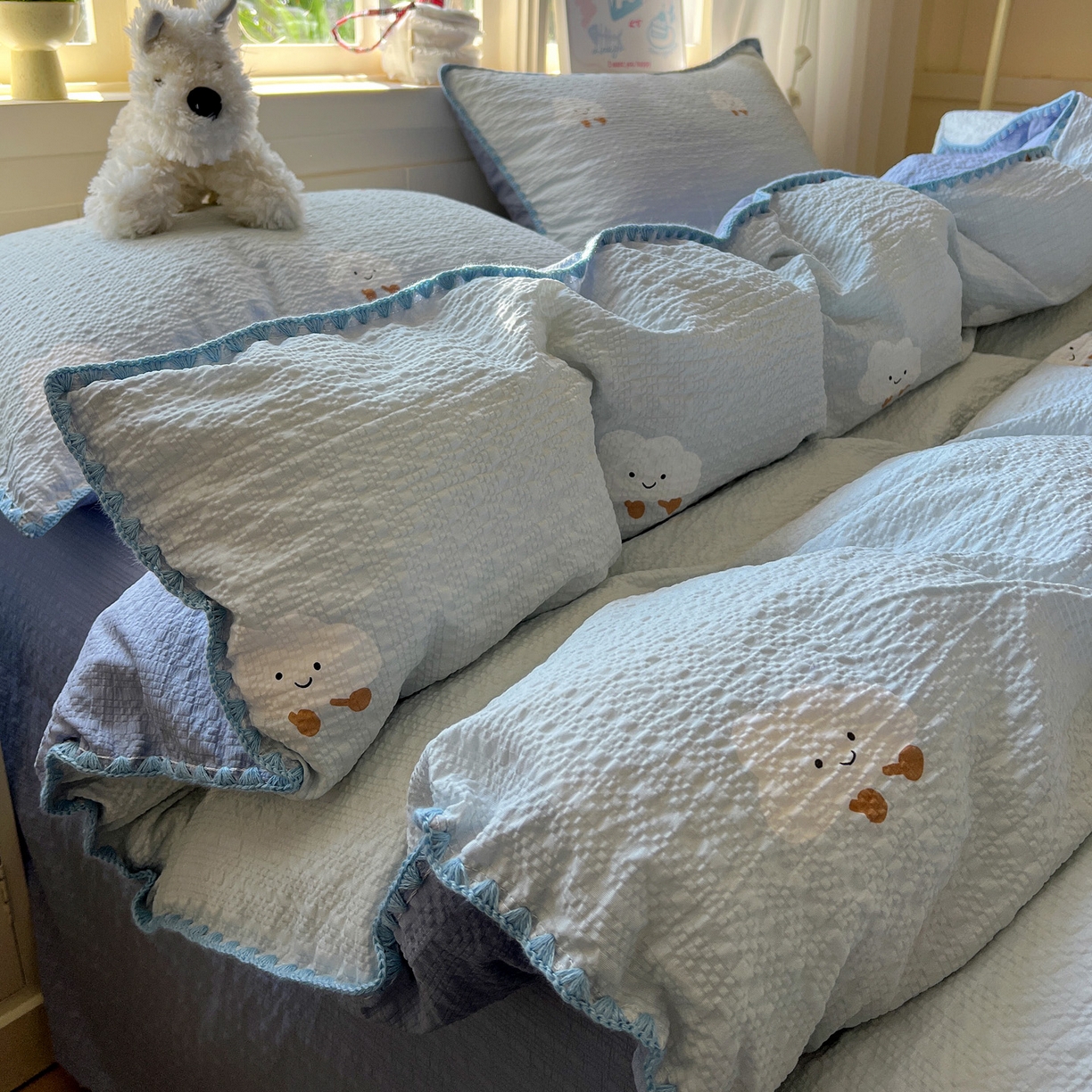 91家纺网 家纺一手货源 找家纺 （总）水墨江南 2026新款贝壳边泡芙纱时尚印花四件套