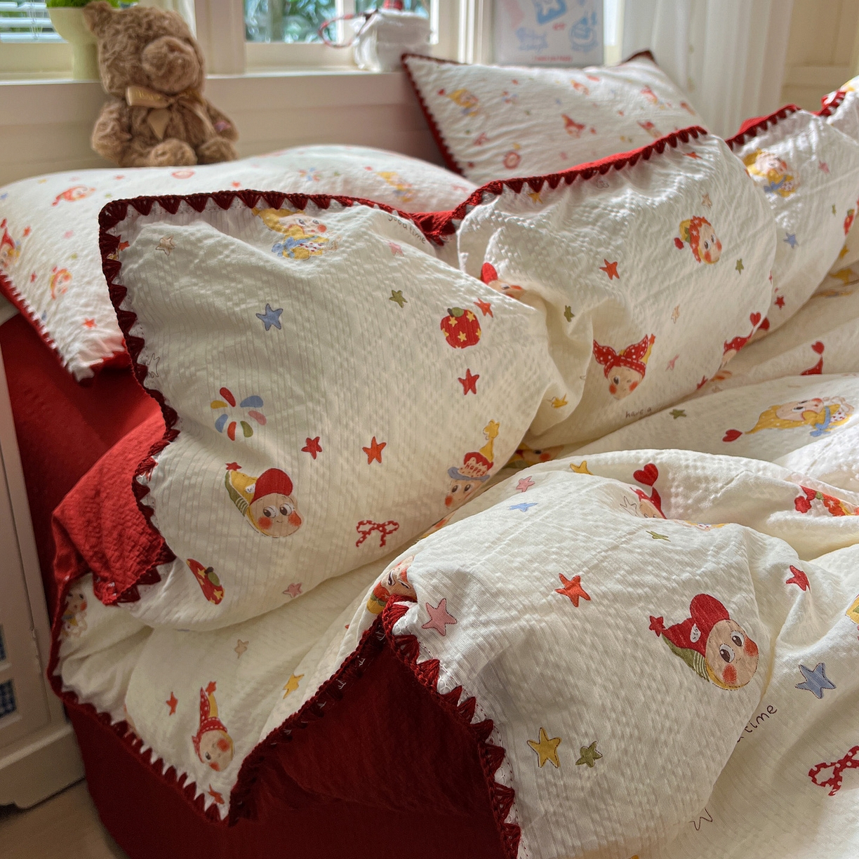 水墨江南 2026新款贝壳边泡芙纱时尚印花四件套 红色星仔