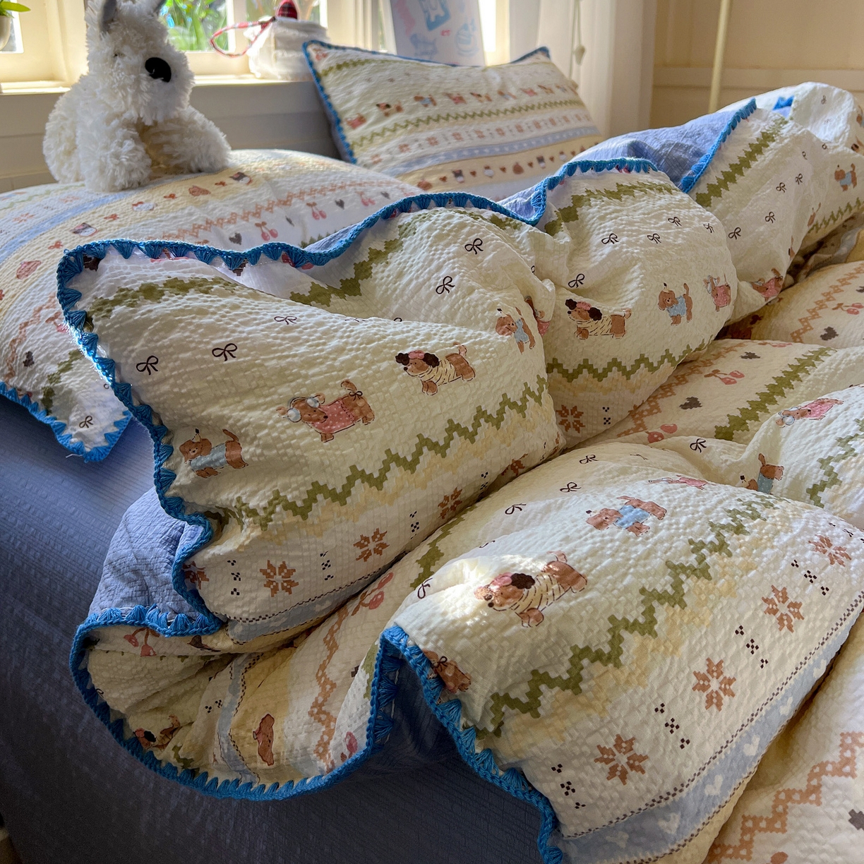 水墨江南 2026新款贝壳边泡芙纱时尚印花四件套 费尔岛狗狗