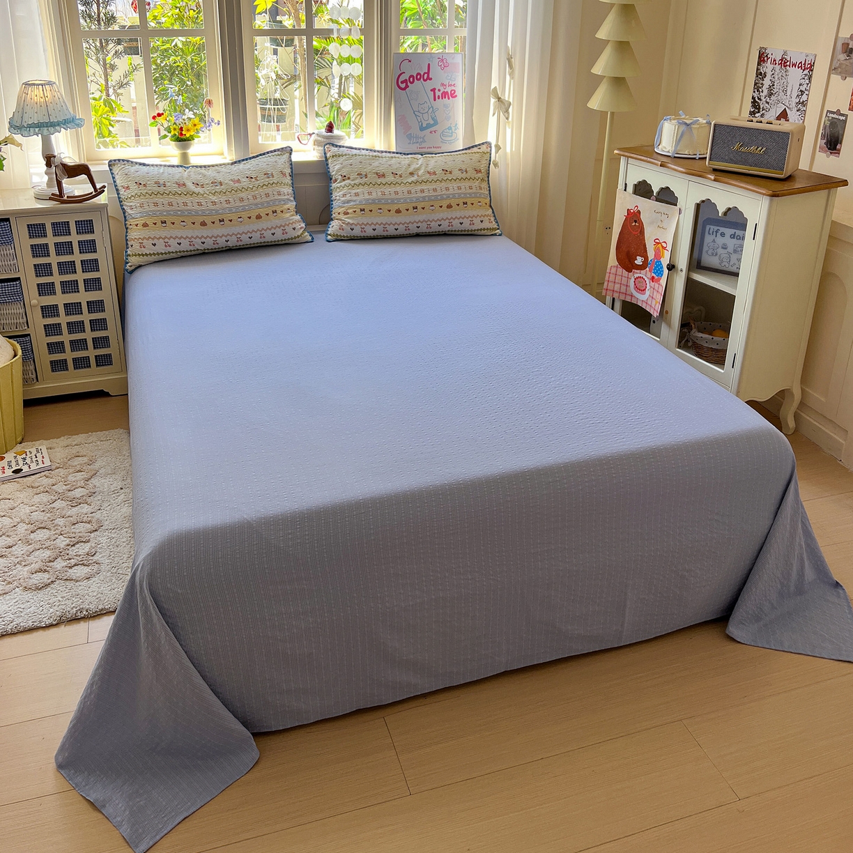 91家纺网 家纺一手货源 找家纺 水墨江南 2026新款贝壳边泡芙纱时尚印花四件套 费尔岛狗狗