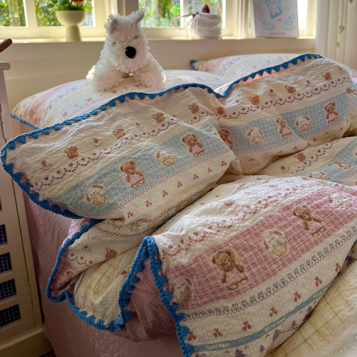 水墨江南 2026新款贝壳边泡芙纱时尚印花四件套 费尔岛好友