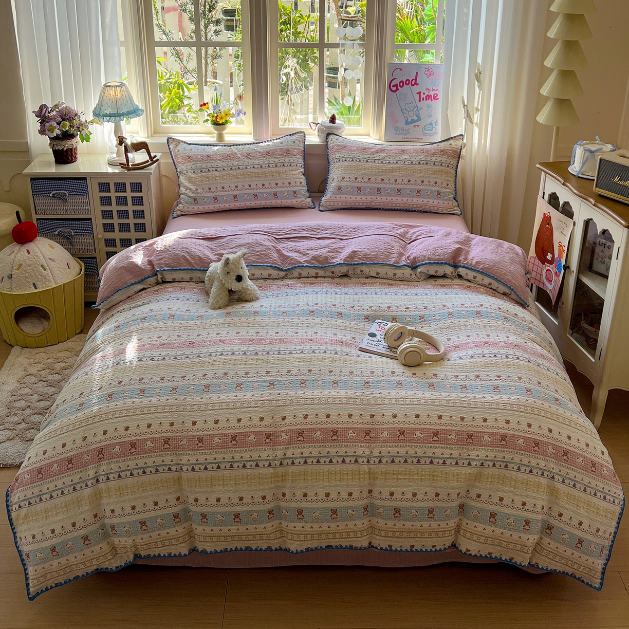 91家纺网 家纺一手货源 找家纺 水墨江南 2026新款贝壳边泡芙纱时尚印花四件套 费尔岛好友