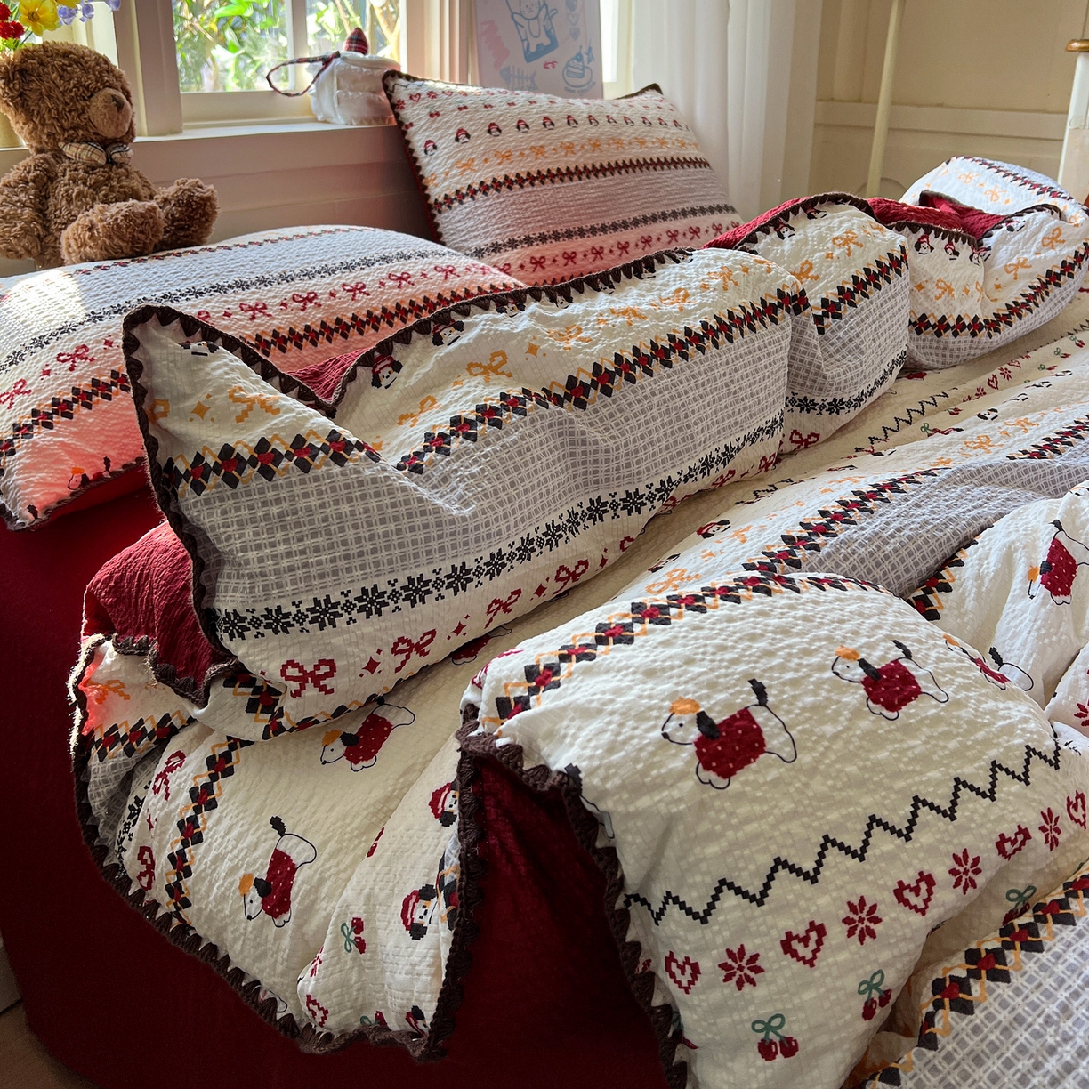 水墨江南 2026新款贝壳边泡芙纱时尚印花四件套 费尔岛小狗