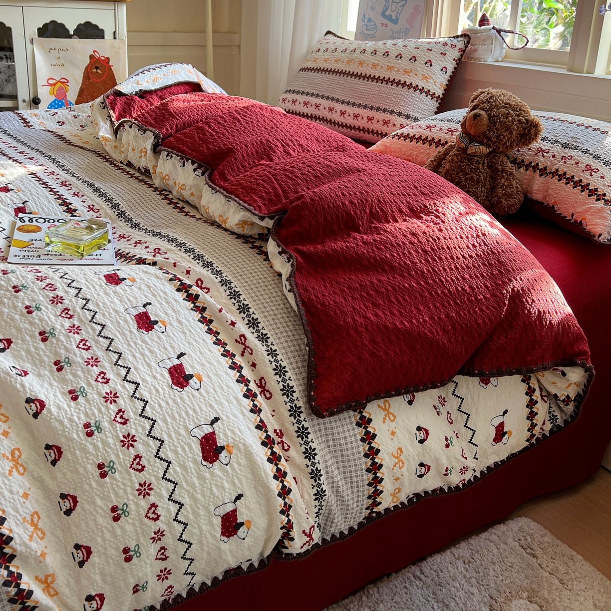 91家纺网 家纺一手货源 找家纺 水墨江南 2026新款贝壳边泡芙纱时尚印花四件套 费尔岛小狗