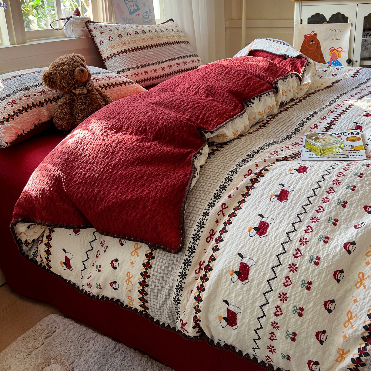 91家纺网 家纺一手货源 找家纺 水墨江南 2026新款贝壳边泡芙纱时尚印花四件套 费尔岛小狗