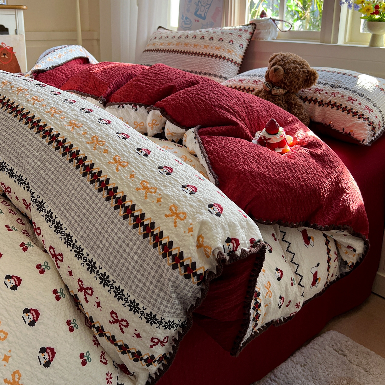 91家纺网 家纺一手货源 找家纺 水墨江南 2026新款贝壳边泡芙纱时尚印花四件套 费尔岛小狗