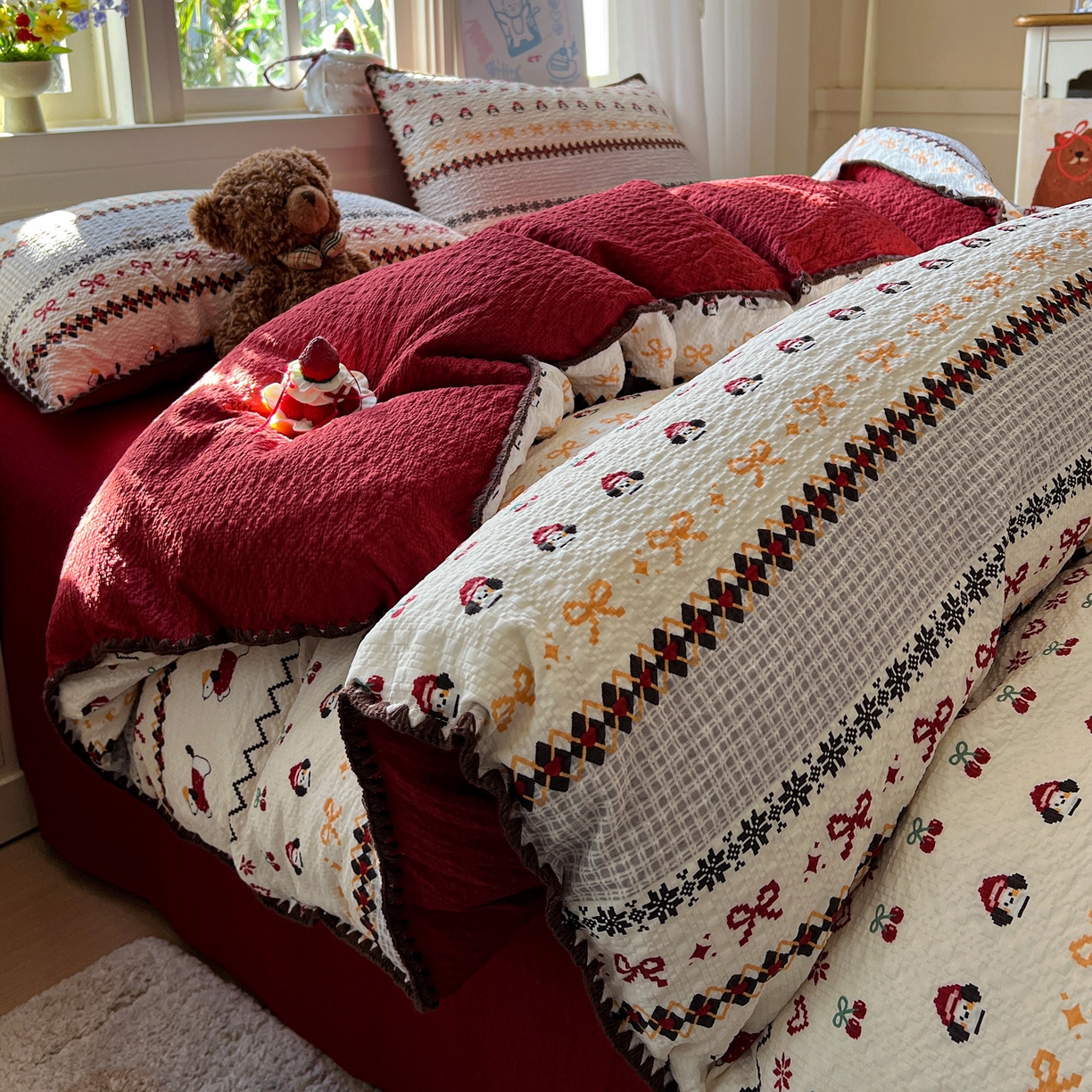 91家纺网 家纺一手货源 找家纺 水墨江南 2026新款贝壳边泡芙纱时尚印花四件套 费尔岛小狗