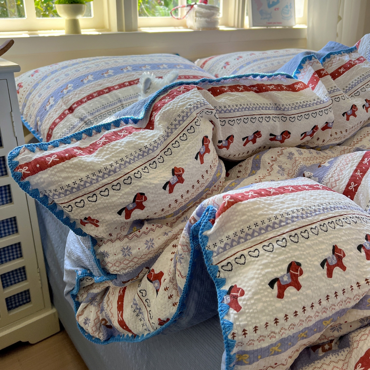 水墨江南 2026新款贝壳边泡芙纱时尚印花四件套 费尔岛小马