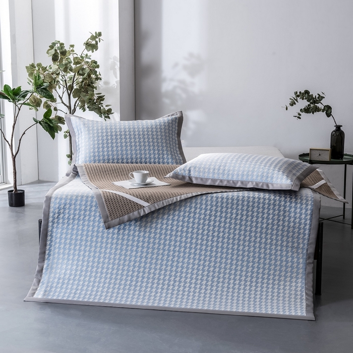 91家纺网 家纺一手货源 找家纺 印季家纺 2026新款600D千鸟格席子凉席 天蓝