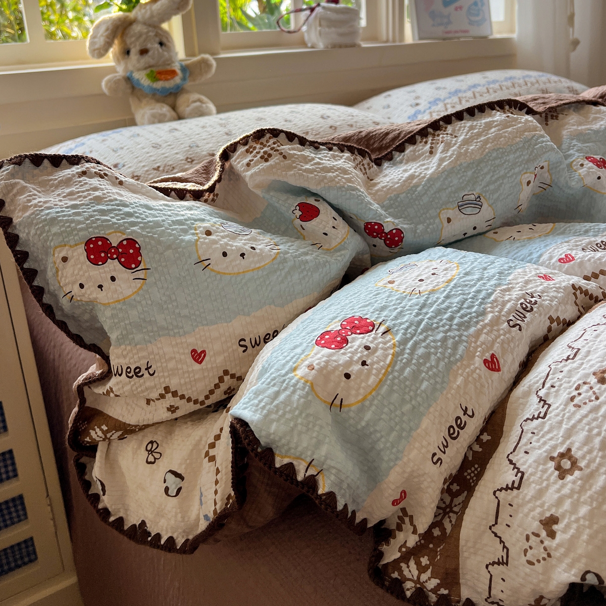 水墨江南 2026新款贝壳边泡芙纱时尚印花四件套 费尔岛小猫