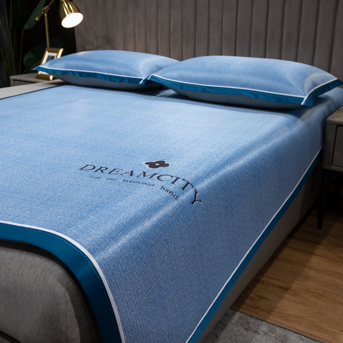 印季家纺 2026新款加厚肌理纹绣花碳光席席子凉席 深蓝