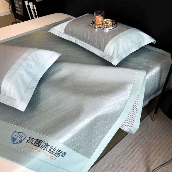 91家纺网 家纺一手货源 找家纺 印季家纺 2026新款5A级抗菌加厚绣花冰丝席-流星雨（床席款） 水绿