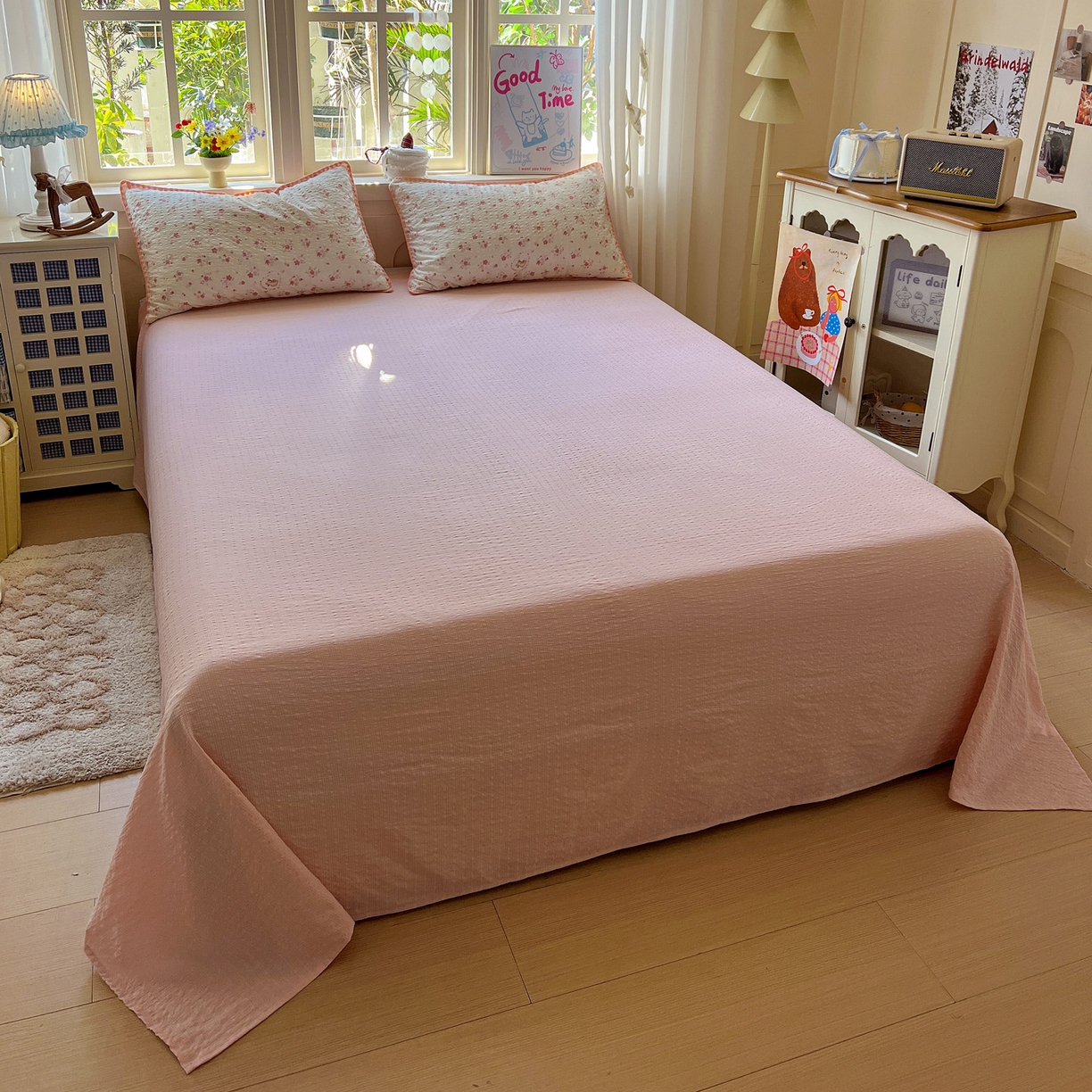 91家纺网 家纺一手货源 找家纺 水墨江南 2026新款贝壳边泡芙纱时尚印花四件套 粉黛小兔